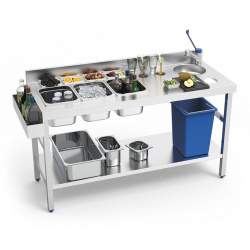 MESA DE COCTEL PARA BARMAN CON GRIFO Y CUBETAS 1500x600x850H