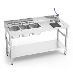 MESA DE COCTEL PARA BARMAN CON GRIFO Y CUBETAS 1500x600x850H