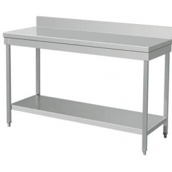 MESA DE TRABAJO ACERO INOX. 1,25 METROS ANCHO CON PETO CON ESTANTE 1250X700X800H