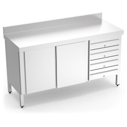 MESA TRABAJO ACERO INOXIDABLE 4 CAJONES DERECHA Y PUERTAS CORREDERA 1500x600x850 mm