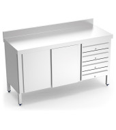 MESA TRABAJO ACERO INOXIDABLE 4 CAJONES DERECHA Y PUERTAS CORREDERA 1500x600x850 mm