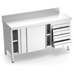 MESA TRABAJO ACERO INOXIDABLE 4 CAJONES DERECHA Y PUERTAS CORREDERA 1500x600x850 mm
