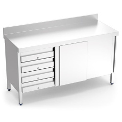 MESA MURAL ACERO INOXIDABLE 4 CAJONES IZQUIERDA Y PUERTAS CORREDERA 1500x600x850 mm