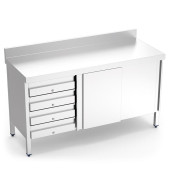 MESA MURAL ACERO INOXIDABLE 4 CAJONES IZQUIERDA Y PUERTAS CORREDERA 1500x600x850 mm