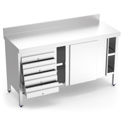 MESA MURAL ACERO INOXIDABLE 4 CAJONES IZQUIERDA Y PUERTAS CORREDERA 1500x600x850 mm