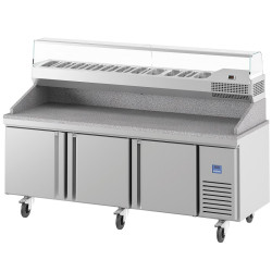 MESA REFRIGERADA PARA PIZZA 3 PUERTAS CON VITRINA FRÍA BANDEJAS GN 1/3 INFRICO MR 93 GT COMBO